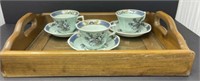 Adams Calyx Ware Cups & Saucers on Wooden Tray