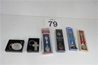 4 Collector Spoons & 2Pewter Keychains