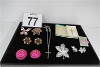 Mixed Jewelry Lot - Pins, Earrings, Necklace