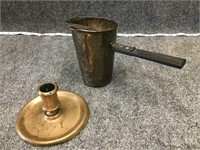 Old Brass Candleholder and Silverplate Wax Melter