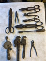 Vintage hand drill, scissors, pliers