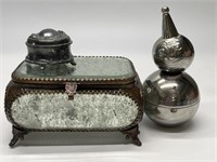 Antique Set: Inkwell, Ink Horn, Glass & Brass Box