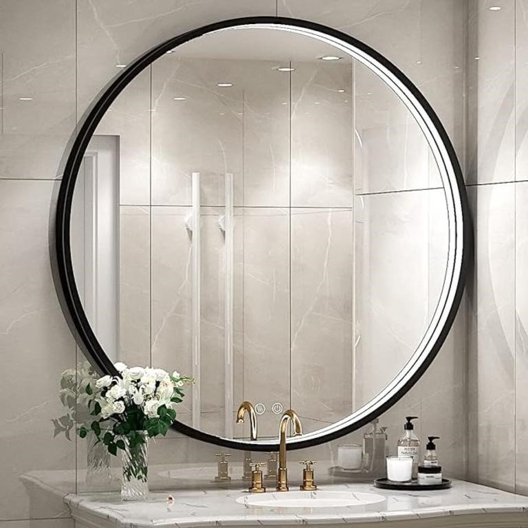 32 Inch Led Black Frame Round Bathroom Mirror