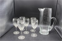 Vintage Glass Pitcher with 6 wine glasses