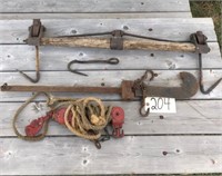 Antique meat hanger, beam scale, ropes and