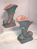 Set of Two Pink / Blue Stoneware Cornucopia Vases