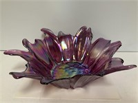 14" Art Glass Bowl Iridescent Purple 5in T