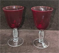 2 Vintage Ruby Red Twisted Stem Water Goblets