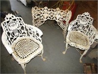 3 white wrought iron pieces including 2 chairs