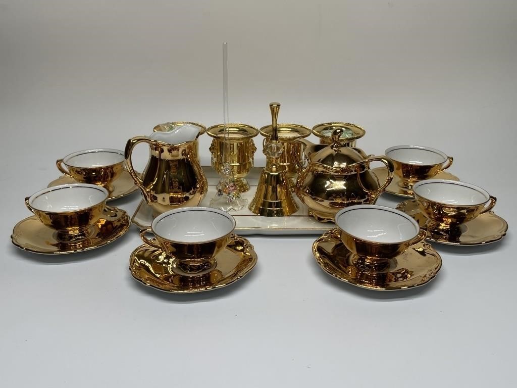 22k Gold Plated Porcelain Teacups & Saucers +