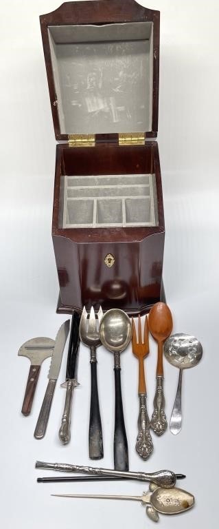 Wooden Vertical Silverware Box w/ Serving Utensils