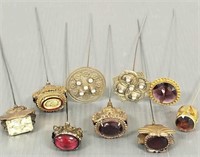 9 vintage, etc. metal hat pins set with stones,