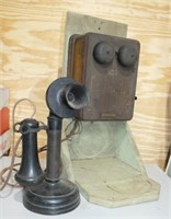 ANTIQUE KELLOGG CANDLESTICK PHONE & RINGER BOX