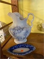 Blue and White Pitcher and Tray