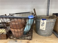 Metal Bucket w/Tools & Wire Basket