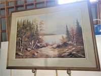 Signed Oil Painting Lake Forest Scene