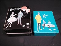 Ken doll case marked 1962 (teal) and Barbie