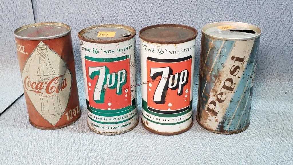 4- Antique Metal Pop Cans - 7UP / Pepsi /
