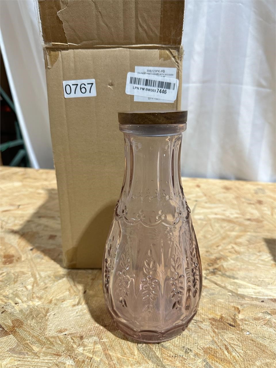 New vintage glass pink carafe with wooden top