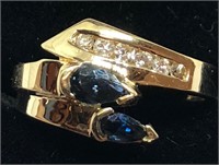 H108 14KT YELLOW GOLD BLUE SAPPHIRE AND DIAMOND