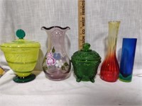 Mixed MCM Art Glass Vases & Lidded Compotes