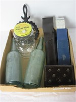 BOX: IRON TRIVET, GLASS BOTTLES & SLIDE RULERS