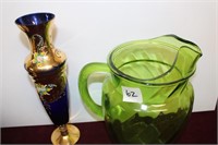 Green Glass Pitcher & Cobalt H/P Vase