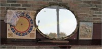 VINTAGE OVAL FRAME WITH MIRROR, DART BOARD, ETC.:
