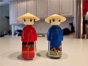 Pair Hand painted wooden dolls Vietnam. Dining roo