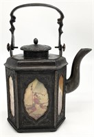 Chinese Metal Teapot w/ Painted Glass Panels
