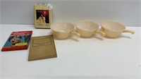 (3) Fireking peach luster handled bowls: ELVIS