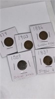 (5) assorted years Indian head pennies