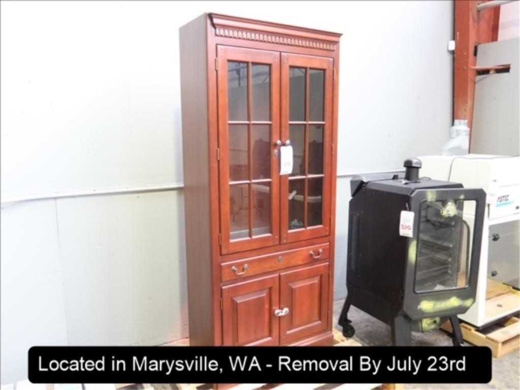 WOOD CHINA HUTCH W/DOUBLE GLASS DOORS, DRAWER,