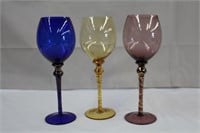 Three coloured crystal wine goblets, 11.5"H