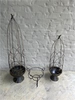 Two Metal Topiaries and Black Low Plant Stand