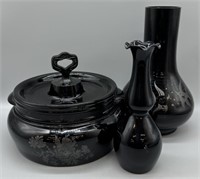 Black Glass Bean Pot & (2) Black Amethyst Vases