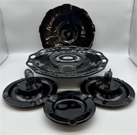 (3) Black Ashtrays, Plate & Bowl