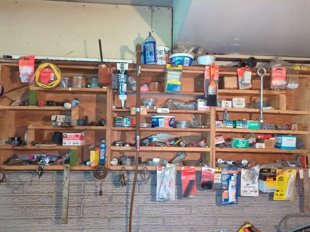 Contents of wood shelf- tools, hardware,