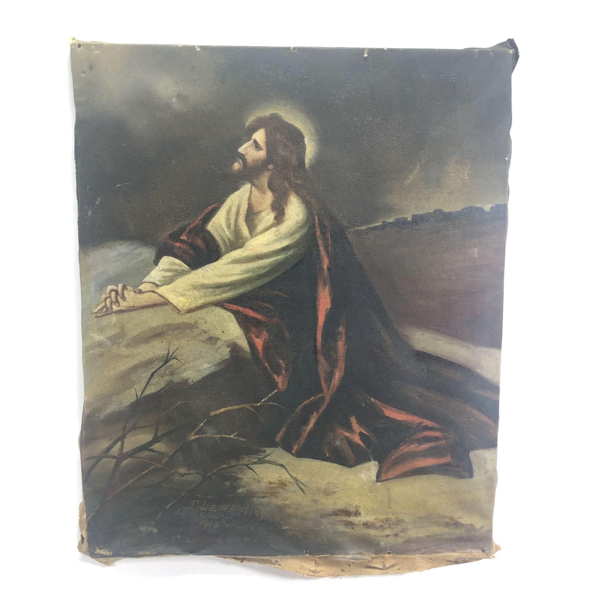 Antique Religious Painting Jesus 1910