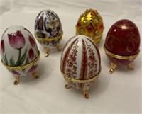 FIVE faberge style eggs, 4" tall