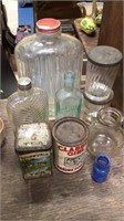 Old glass bottles, water bottle, flask, tea tin,