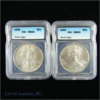 1986 & 1989 Silver Eagles $1 (ICG MS64)