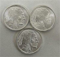 (3) 1oz SILVER INDIAN HEAD BUFFALO COINS