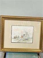 watercolor of grain elevators by B. Schnell