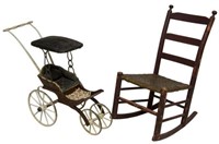 (2) ROCKING CHAIR, VICTORIAN DOLL CARRIAGE