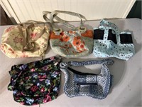 5 used cloth purses, top 3 look home made, 1st