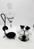 German Wrought Metal & Etched Glass Wine Service