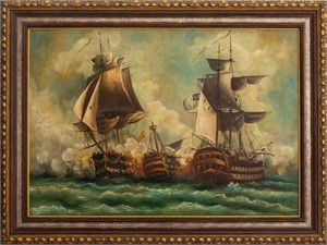 British School Naval Battle Scene Oil on Canvas