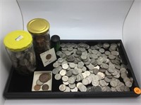 TRAY OF JEFFERSON NICKELS, JAR OF CENTS, JAR OF DI