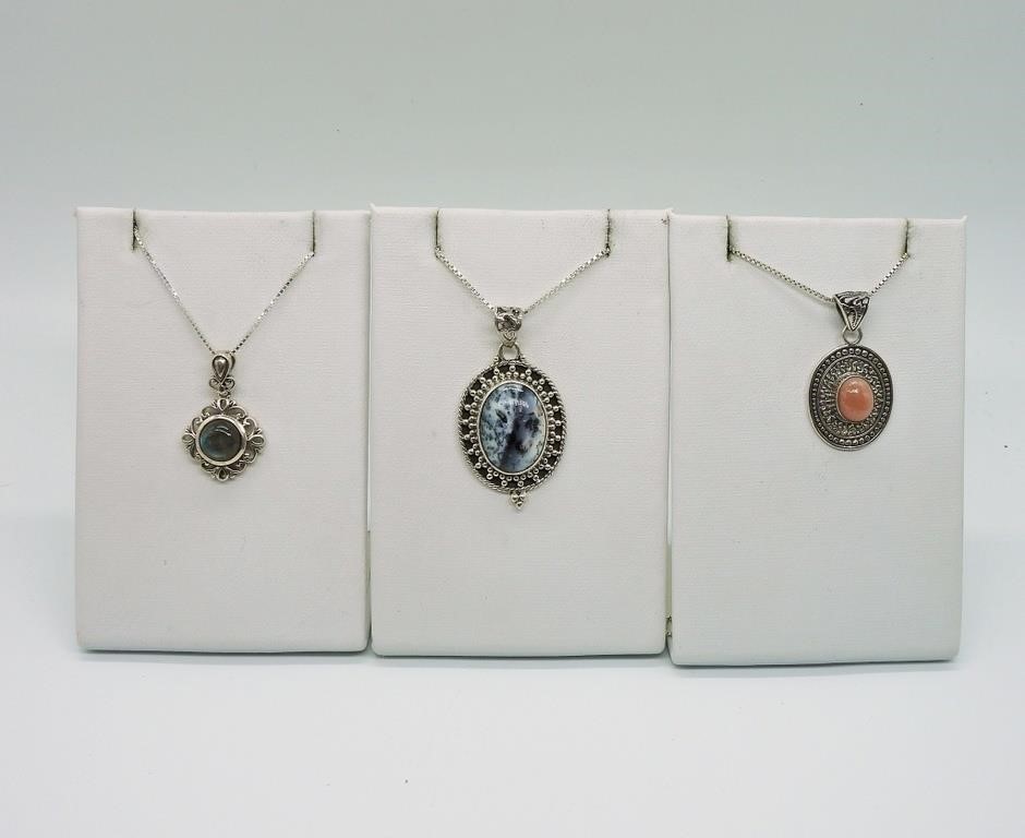 3 NATURAL GEMSTONE PENDANTS & CHAINS 925